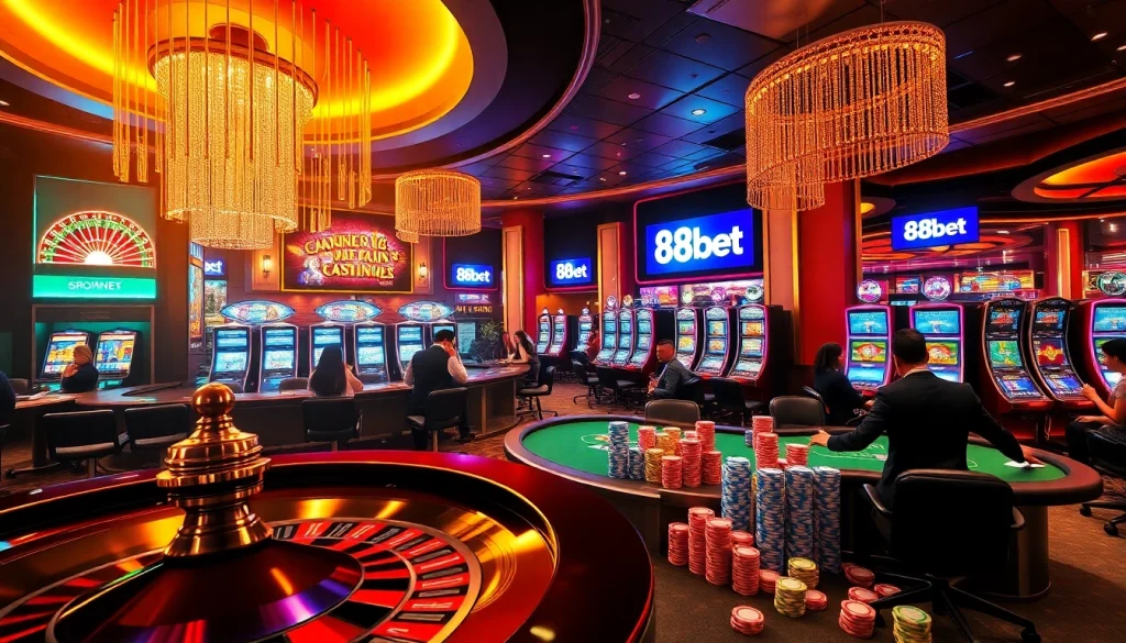 Players engage in exciting games at 88bet casino with vibrant roulette wheels and colorful slot machines.