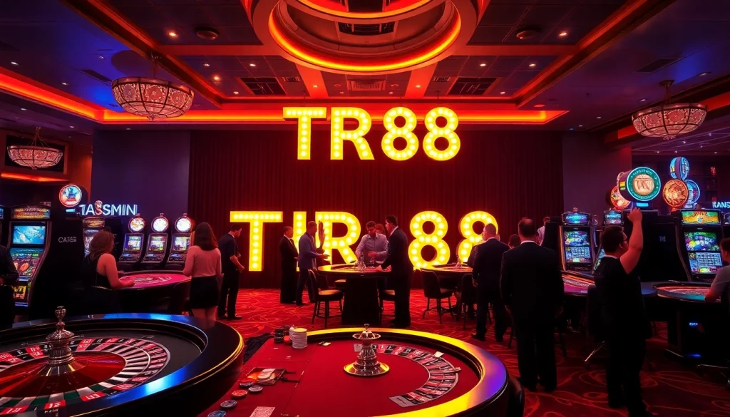 Casino patrons engaged in games, featuring TR88 chip designs among stylish tables.