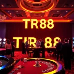 Casino patrons engaged in games, featuring TR88 chip designs among stylish tables.