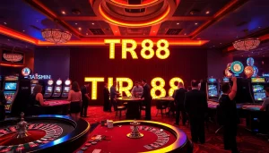 Casino patrons engaged in games, featuring TR88 chip designs among stylish tables.