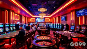 Experience the excitement of gaming at nhà cái go99 with a vibrant casino scene showcasing poker, roulette, and slots.