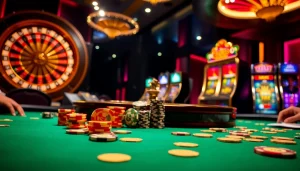 Experience high-stakes excitement at OK365's luxurious poker table with vibrant chips.