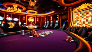 Nohu90 casino scene with poker players, colorful chips, and a roulette wheel in a vibrant atmosphere.