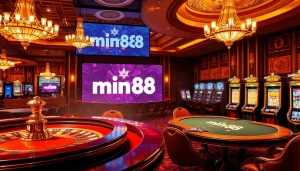 Players enjoying poker at a luxury casino featuring mint88 branding, highlighting thrilling games.