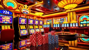 Exciting casino scene highlighting Nổ Hũ Uy Tín with vibrant slot machines and casino chips.