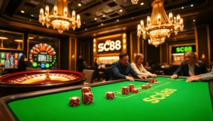 Engage in high-stakes poker at SC88 casino with vibrant chips and a lively atmosphere.