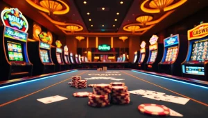 Experience thrilling gameplay at https://win678.ac/ with a luxurious casino atmosphere featuring poker chips and slot machines.